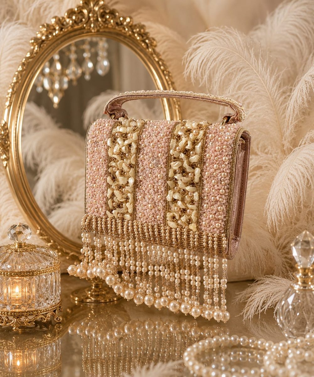 PACKOURA Champagne Pearl Handle Flap Clutch