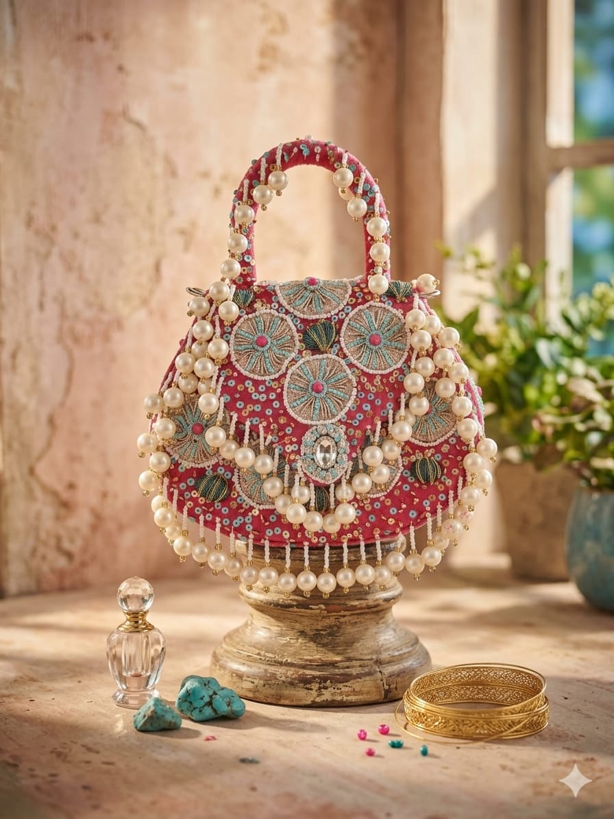 PACKOURA Heavy Sequins & Pearl Potli Bag